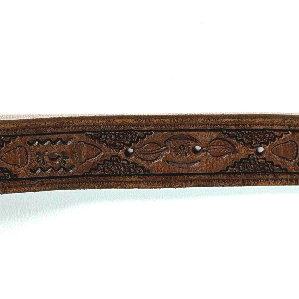 Vintage 1887 Morgan Dollar Oval Belt Buckle Stainless Brown Tooled Leather sz 34